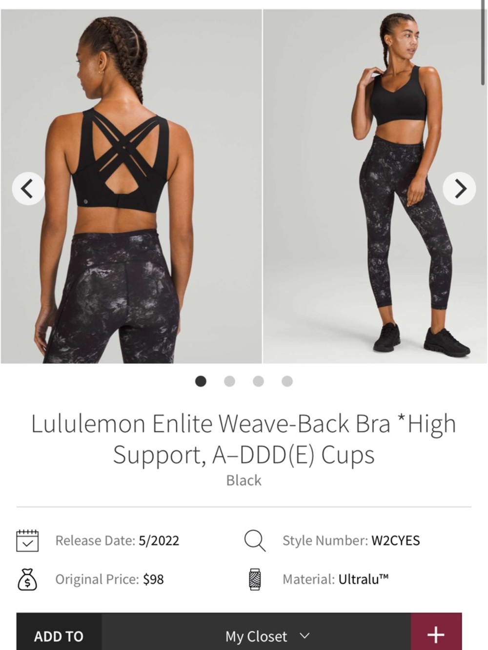 178-$40 *FREE SHIPPING* Lululemon Enlite Weave-Back Bra *High Support 36D Black